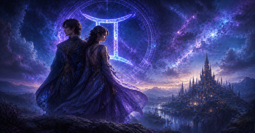 Gemini Is Entering the Brightest Chapter of the Year fantasy illustration of Gemini twins under a glowing cosmic sky with mystical energy and celestial landscape