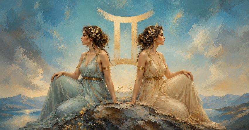 What's About to Change for Gemini zodiac illustration showing Gemini twins under a bright changing sky