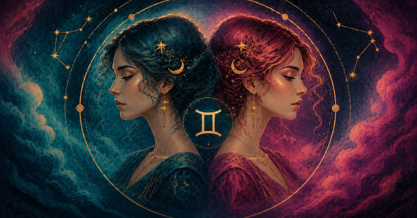 3 Zodiac Signs Gemini Has the Strongest Chemistry With mystical illustration of Gemini twins in cosmic blue and purple colors