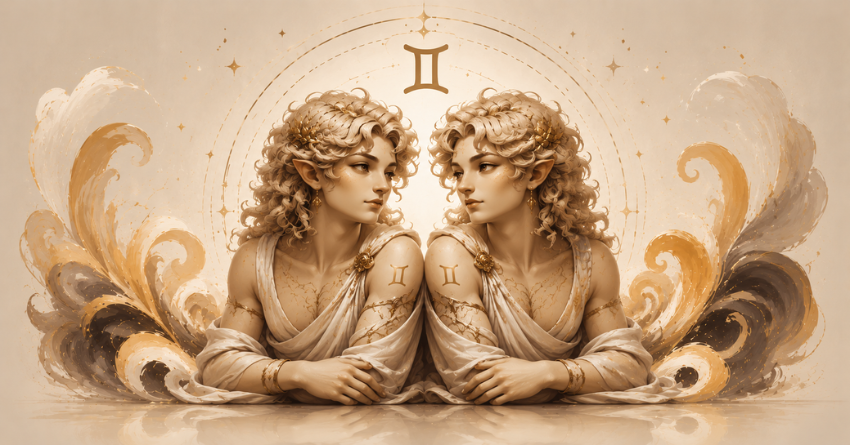 Gemini zodiac twins surrounded by elegant golden swirls symbolizing emotional clarity, healing, and inner understanding.
