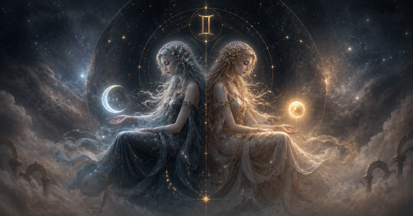 Why Gemini's Waiting Period Is Almost Over illustration featuring a mystical Gemini figure surrounded by cosmic energy, glowing light, stars, and celestial symbols in a fantasy astrology style.