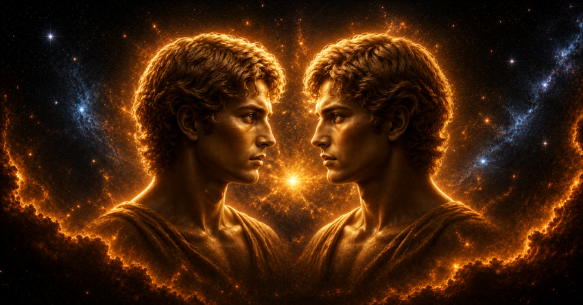 Gemini zodiac sign symbol with glowing twin figures surrounded by cosmic energy representing new financial luck and prosperity