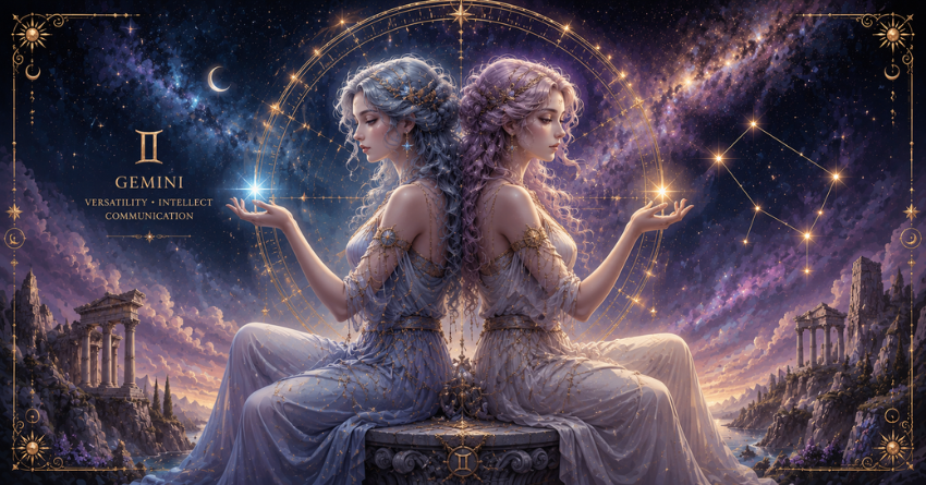 What the Universe Wants Gemini to Notice Right Now celestial fantasy illustration of Gemini twins surrounded by stars cosmic light and mystical energy