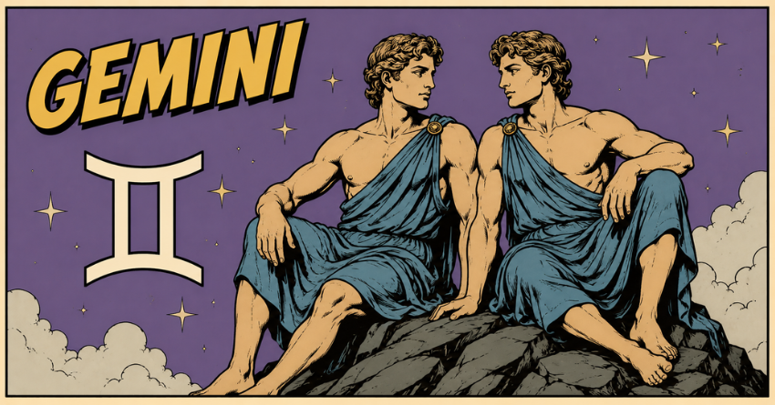 The Truth Gemini Has Been Overlooking fantasy illustration of Gemini twins in a mystical celestial setting with the Gemini zodiac symbol, fantasy book cover art style, magical atmosphere, 850x445