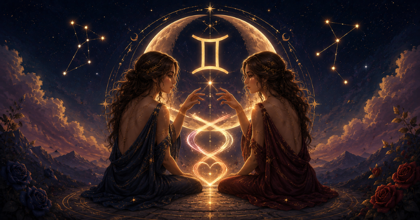 Why Gemini Hasn't Met Their Soulmate Yet soulmate connection Gemini zodiac sign illustration with twin energy and romantic celestial background