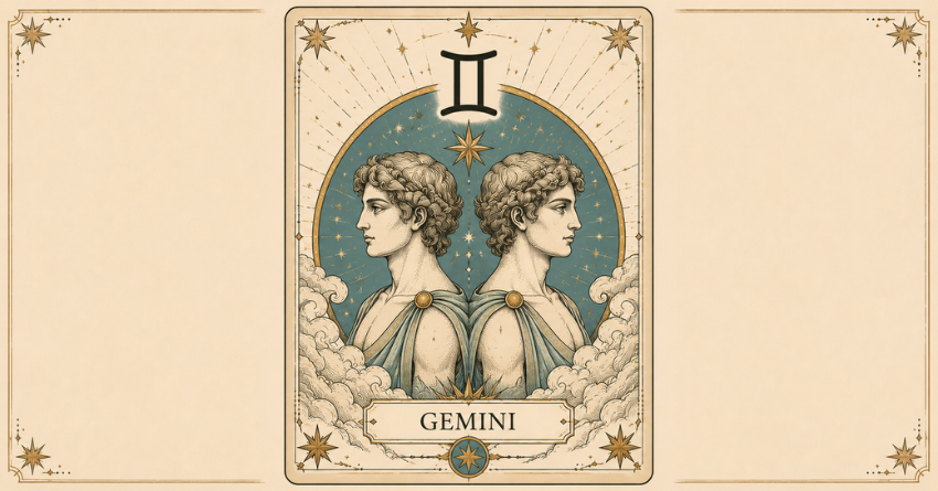 Gemini Is Becoming Impossible to Ignore zodiac artwork with Gemini twins tarot card and celestial astrology design