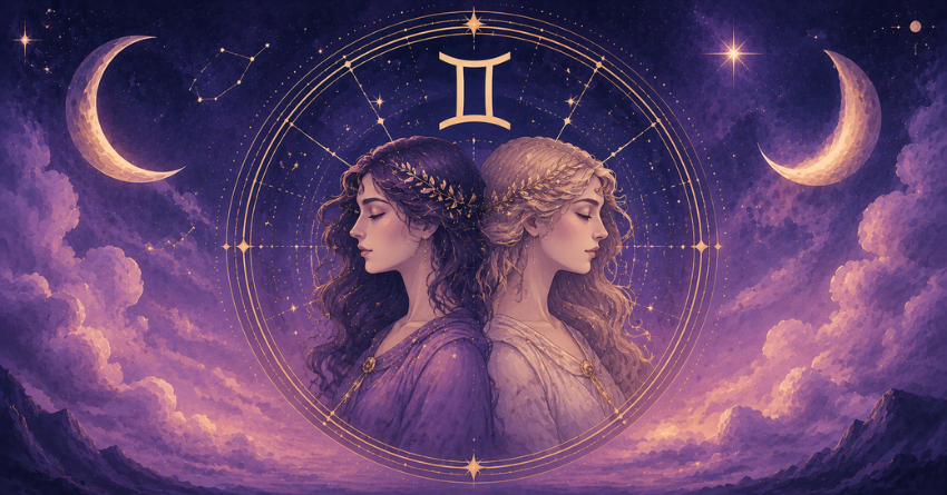 Something Big Is About to Happen to Gemini tarot card illustration with the Gemini zodiac symbol in a mystical purple and gold cosmic background.