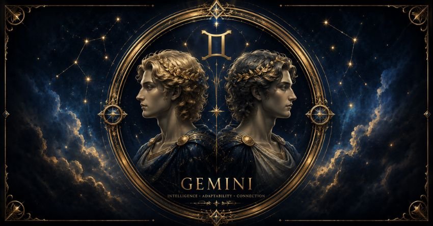 The Universe Has a Lesson for Gemini zodiac sign cosmic illustration with golden Gemini twins and celestial background
