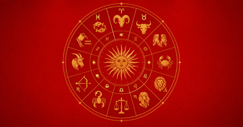 Red zodiac wheel with all twelve astrological signs on a glowing crimson background symbolizing love, destiny, and messages from an ex.