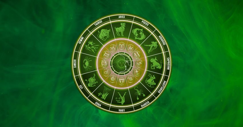 Green zodiac wheel symbol representing karma and astrology predictions for zodiac signs