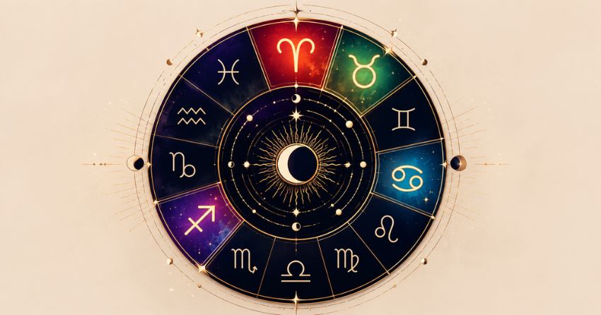 These Zodiac Signs Could Be the Biggest Winners of the End of June zodiac wheel illustration with all twelve zodiac symbols arranged in a colorful circular design