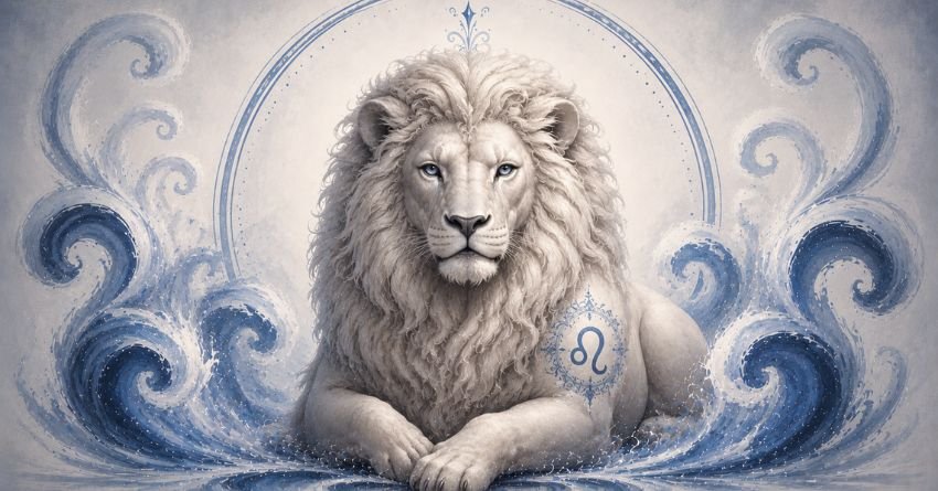 Majestic Leo zodiac lion surrounded by mystical blue energy symbolizing destiny, strength, confidence, and personal transformation.