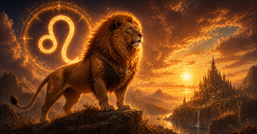 Leo Is About to Enter Their Golden Season – majestic lion in a celestial fantasy landscape with glowing Leo zodiac symbol, golden sunset, magical atmosphere