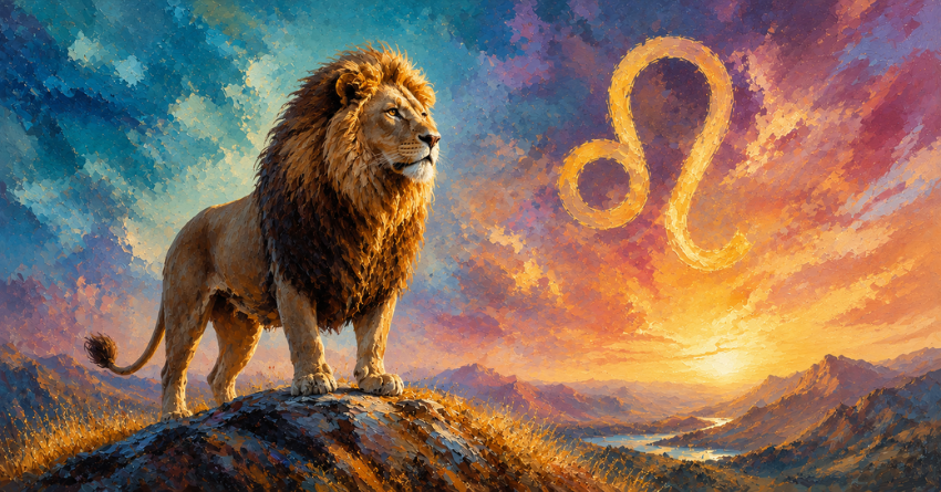 What's About to Change for Leo zodiac sign illustration, majestic Leo lion under a glowing cosmic sky, astrology artwork representing what's about to change for Leo
