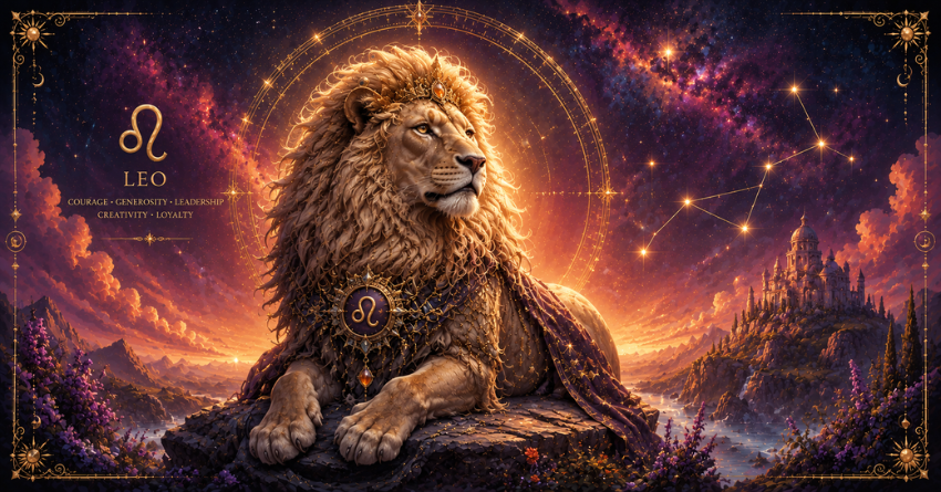 The Universe Is Trying to Show Leo Something Important celestial fantasy illustration of Leo zodiac lion surrounded by glowing cosmic energy, stars, and a mystical purple-orange galaxy background