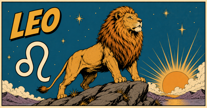The Truth Leo Needs to Hear Right Now illustration featuring a majestic Leo lion standing on a rocky cliff at sunrise in a fantasy zodiac art style