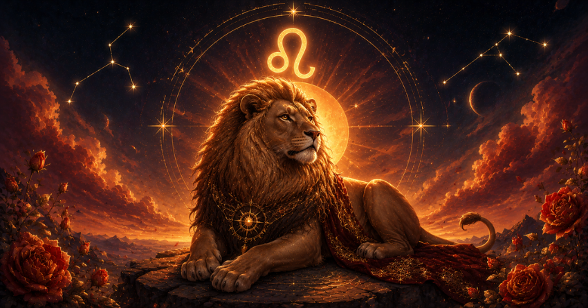 What Leo Should Stop Doing to Find Their Soulmate tarot card art illustration of Leo with glowing heart energy and soulmate connection