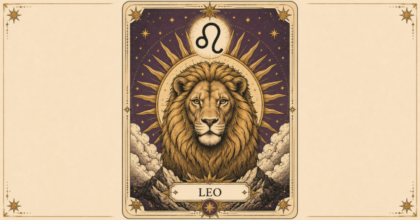 Leo Is Entering a Season of Recognition zodiac sign illustration in tarot card style with a golden lion portrait, celestial symbols, and mystical astrology design