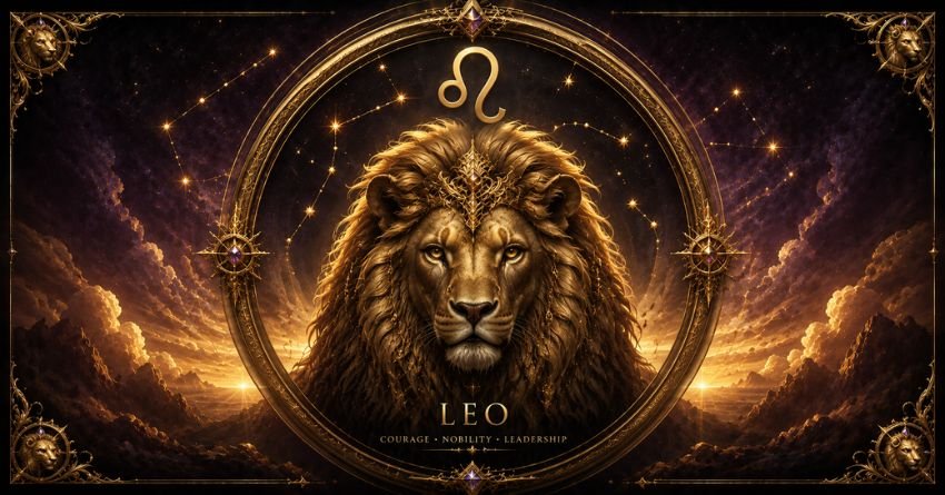 Leo's Strength Is Being Put to the Test zodiac sign illustration with golden lion and cosmic background