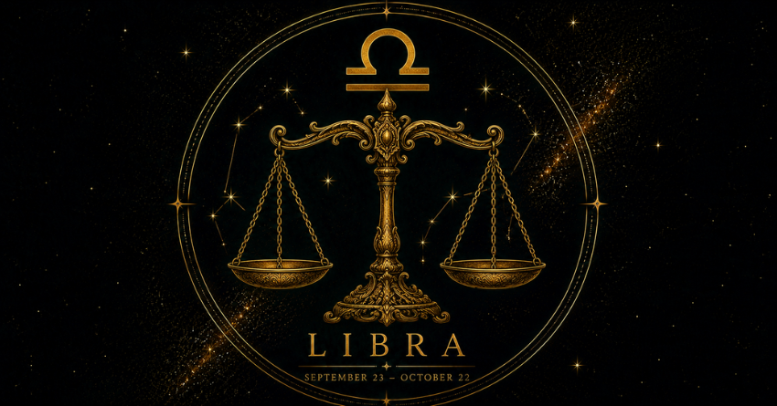 Libra may soon discover who truly cares as the Libra scales glow beneath a starry sky representing love trust and meaningful relationships