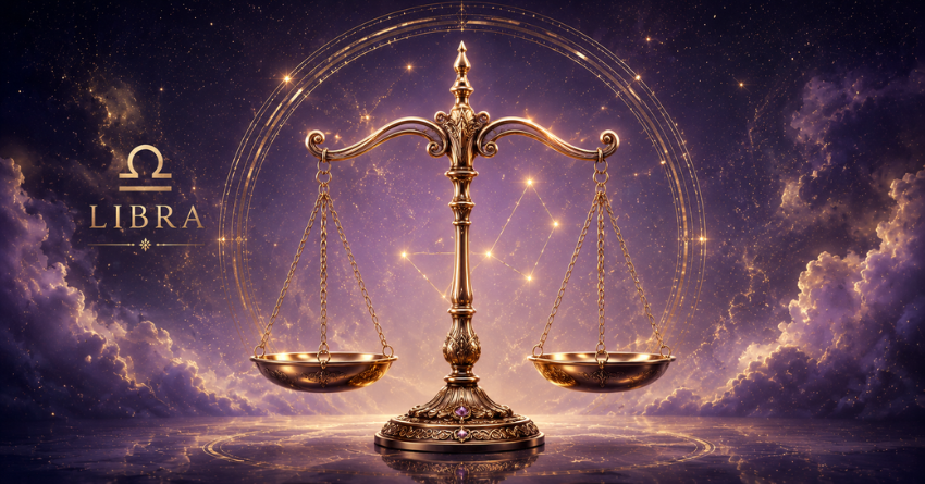 These Signs Could Test Libra's Trust – elegant golden Libra scales glowing against a mystical purple cosmic background, representing trust, balance, and potential betrayal in relationships.