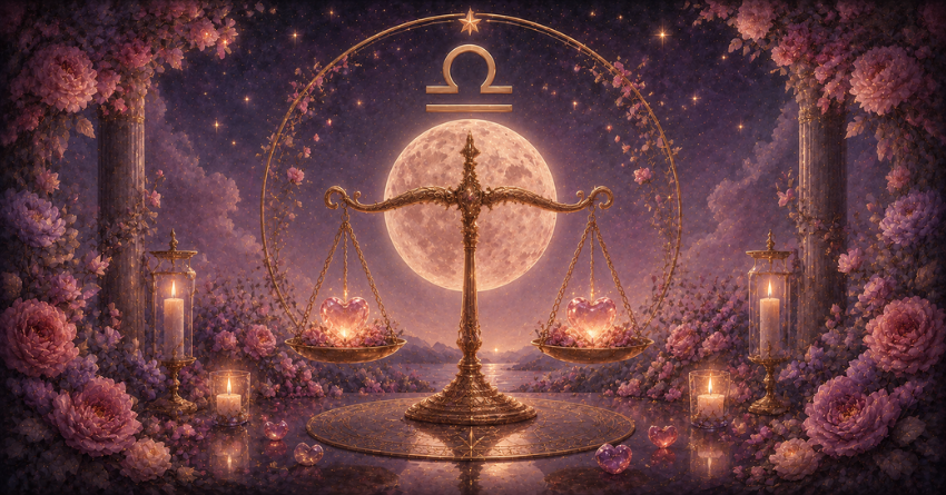 3 Zodiac Signs Libra May Fall in Love With This Summer zodiac compatibility illustration featuring Libra scales surrounded by romantic celestial symbols and glowing summer astrology artwork