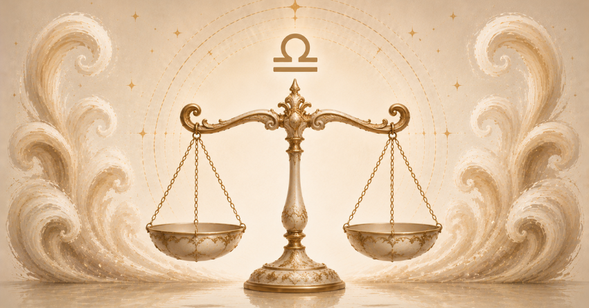 Libra zodiac scales in elegant golden tones symbolizing balance, harmony, emotional growth, and inner peace.