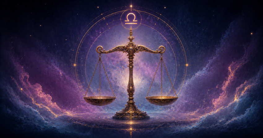 Why Libra Should Continue Believing in Themselves zodiac sign scales glowing in a cosmic sky with mystical energy