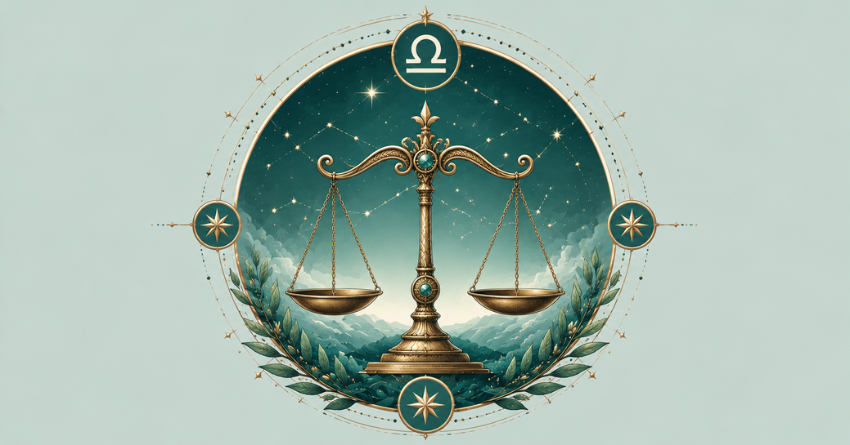 Libra Is Approaching a Fated Opportunity tarot-style illustration featuring glowing scales surrounded by celestial symbols, stars, and mystical energy in teal and gold tones