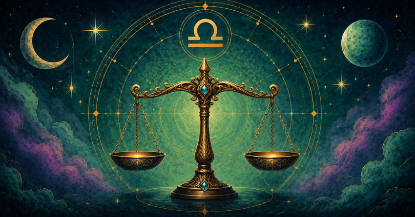3 Zodiac Signs Libra Is Meant to Meet mystical art illustration featuring glowing Libra scales under a starry night sky with celestial moons in an enchanting cosmic landscape