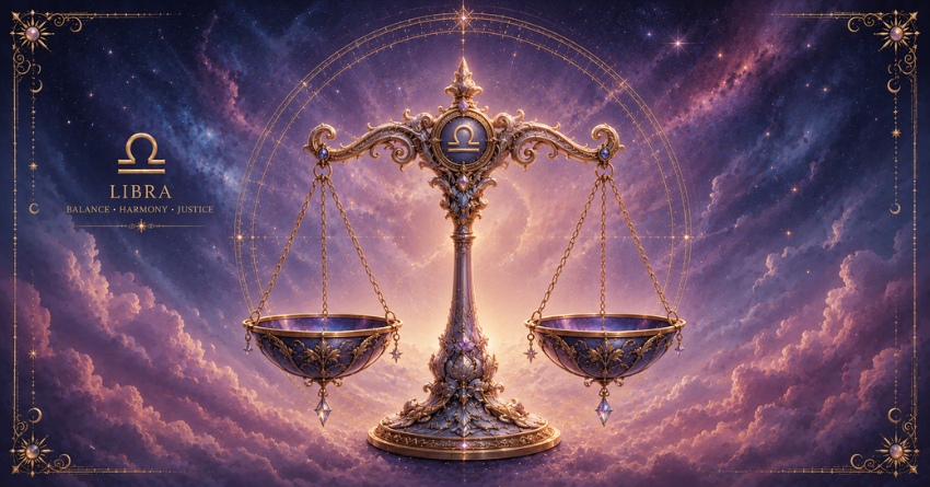 The Universe Is Trying to Reach Libra celestial fantasy illustration featuring glowing golden scales surrounded by cosmic light and mystical purple skies
