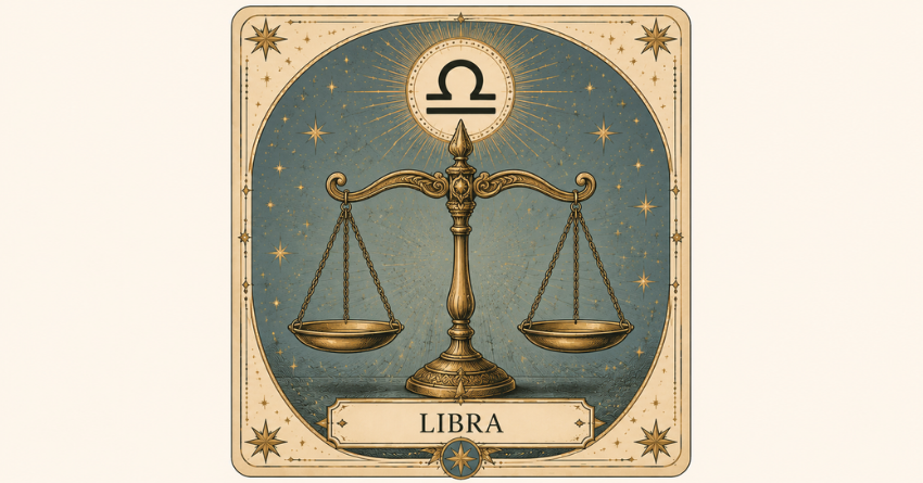 Libra Is Becoming the Center of Attention zodiac scales tarot card illustration in elegant celestial style