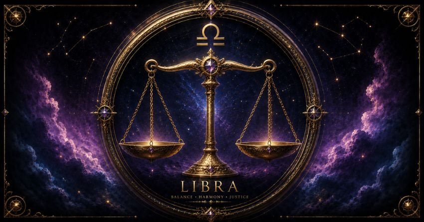 The Universe Is Testing Libra's Patience zodiac illustration featuring golden Libra scales surrounded by a glowing cosmic aura, purple galaxy background, and celestial light effects.