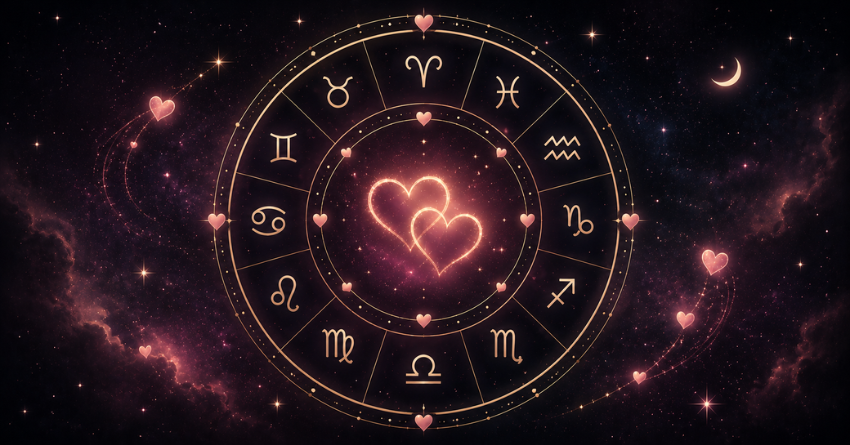 Love Horoscope for June 15–21, 2026 featuring a glowing zodiac wheel with a heart symbol at the center against a cosmic purple and pink galaxy background.