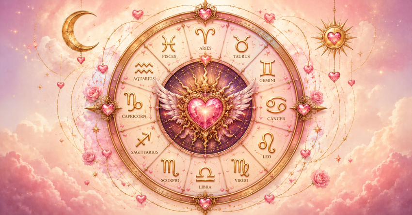 These 4 Zodiac Signs Could Receive a Romantic Surprise Soon – celestial fantasy zodiac wheel with glowing heart symbols, soft pink and gold cosmic background, romantic astrology theme.