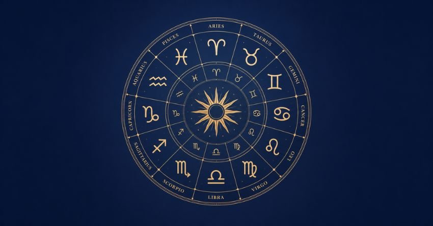 The Universe Is Helping These Zodiac Signs Manifest Their Goals horoscope illustration featuring zodiac symbols on a blue celestial background