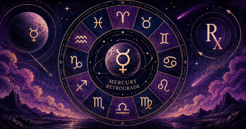 Mercury Retrograde zodiac wheel with mystical purple cosmic background representing the astrological energy of Mercury Retrograde.