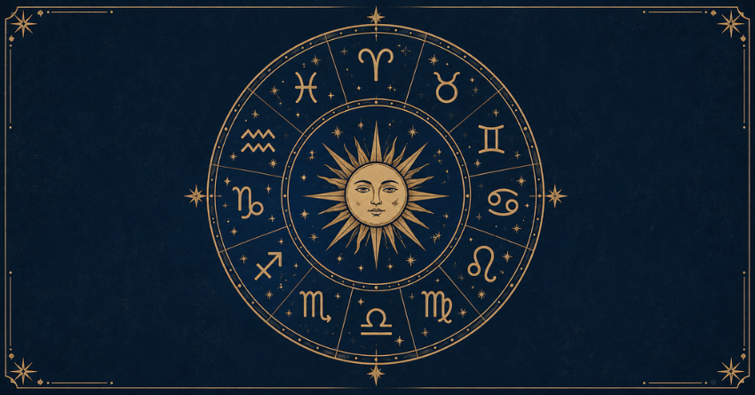 The One Mistake Each Zodiac Sign Keeps Making horoscope illustration featuring a glowing zodiac wheel with astrological symbols on a dark blue celestial background