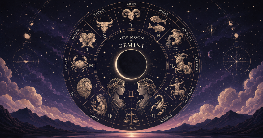 New Moon in Gemini 2026 zodiac wheel glowing beneath a mystical night sky, symbolizing the June 12–15 energy shift and its influence on all zodiac signs.