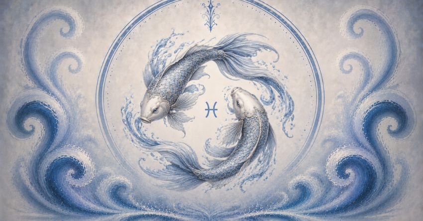 Pisces is finally seeing what fate had planned illustrated by two celestial fish surrounded by blue cosmic energy.