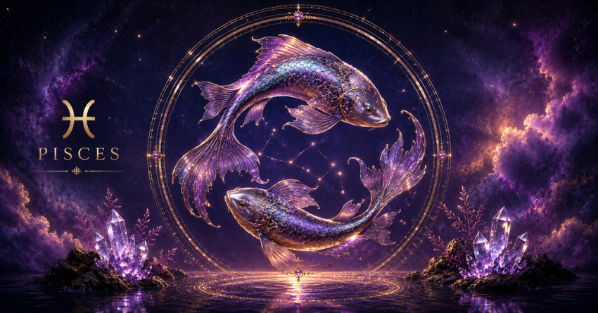 Pisces zodiac sign illustration surrounded by cosmic energy and glowing purple nebula, representing Pisces should be careful around these zodiac signs