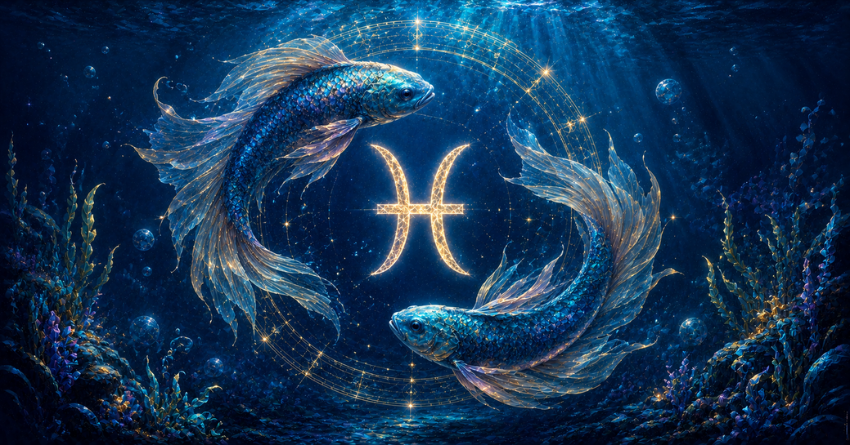 Pisces Is Entering the Most Magical Time of the Year – mystical Pisces zodiac symbol glowing within a swirling celestial fantasy ocean of blue and silver light
