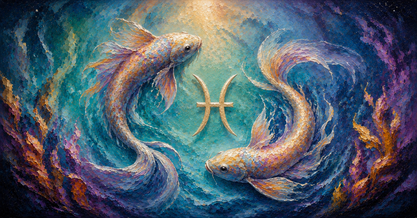 What Happens Next for Pisces zodiac sign illustration with two mystical fish swimming in a cosmic ocean, colorful spiritual artwork