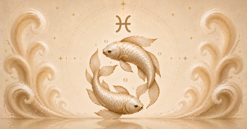The Message Pisces Needs to Hear Today emotional healing illustration featuring the Pisces zodiac symbol in elegant golden tones with flowing waves and a peaceful, calming design.