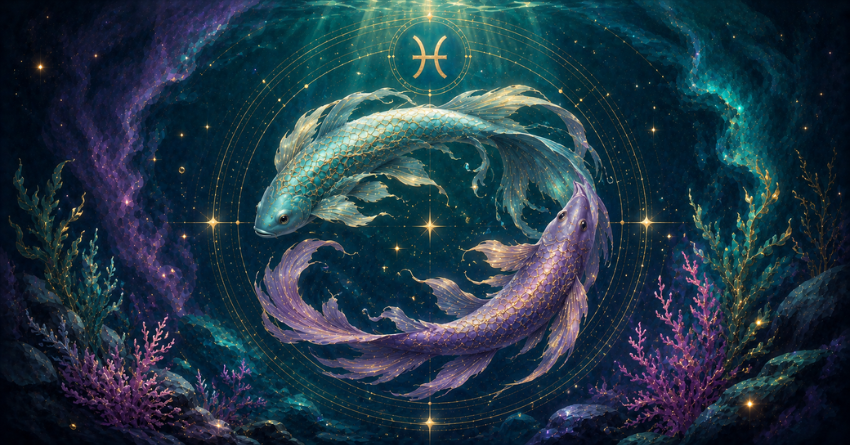 Why Pisces's Patience May Soon Be Rewarded fantasy Pisces illustration with two mystical fish swimming through a cosmic ocean