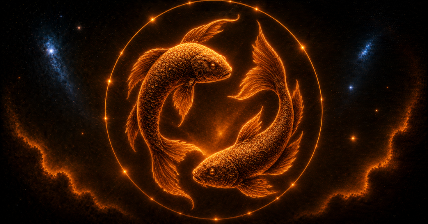 Pisces zodiac sign symbol glowing in orange light with a cosmic background representing financial luck and money opportunities for Pisces
