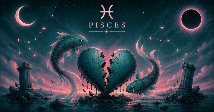 3 Zodiac Signs Most Likely to Break Pisces's Heart mystical zodiac illustration with Pisces symbol and broken heart