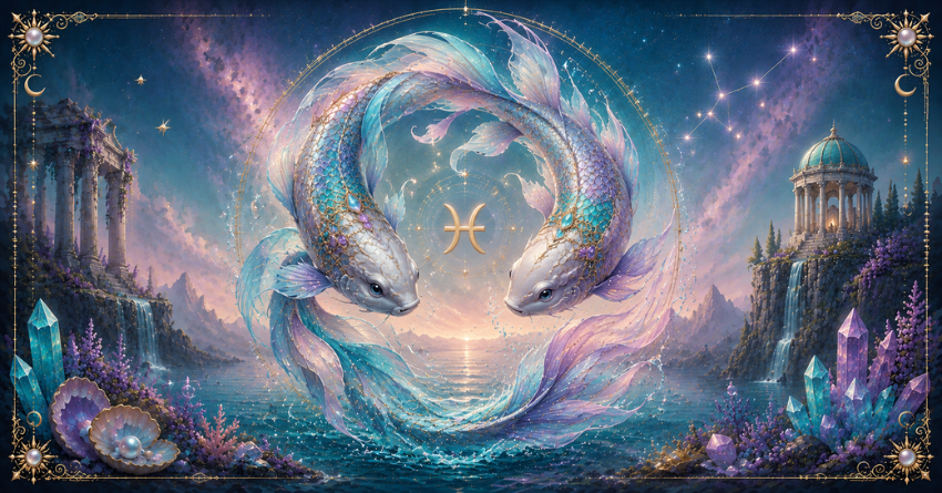 The Universe Is Trying to Tell Pisces Something Important celestial fantasy illustration with glowing Pisces energy, cosmic portal, mystical ocean waves, stars, and spiritual light