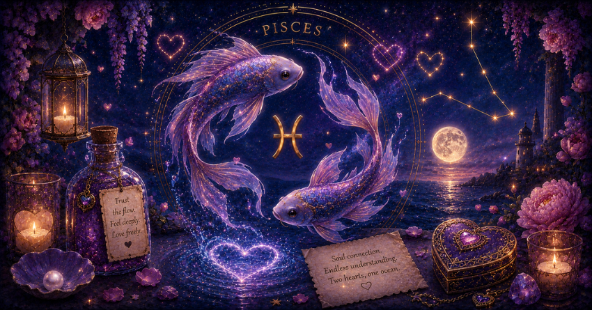 3 Zodiac Signs Pisces May Fall in Love With This Summer, mystical Pisces illustration with celestial fantasy artwork, cosmic symbols, dreamy summer astrology theme