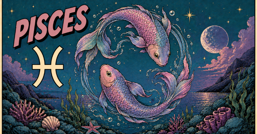 The Truth Pisces Needs to Hear Right Now fantasy Pisces illustration featuring a mystical fish swimming through a cosmic ocean with glowing stars and the Pisces zodiac symbol.